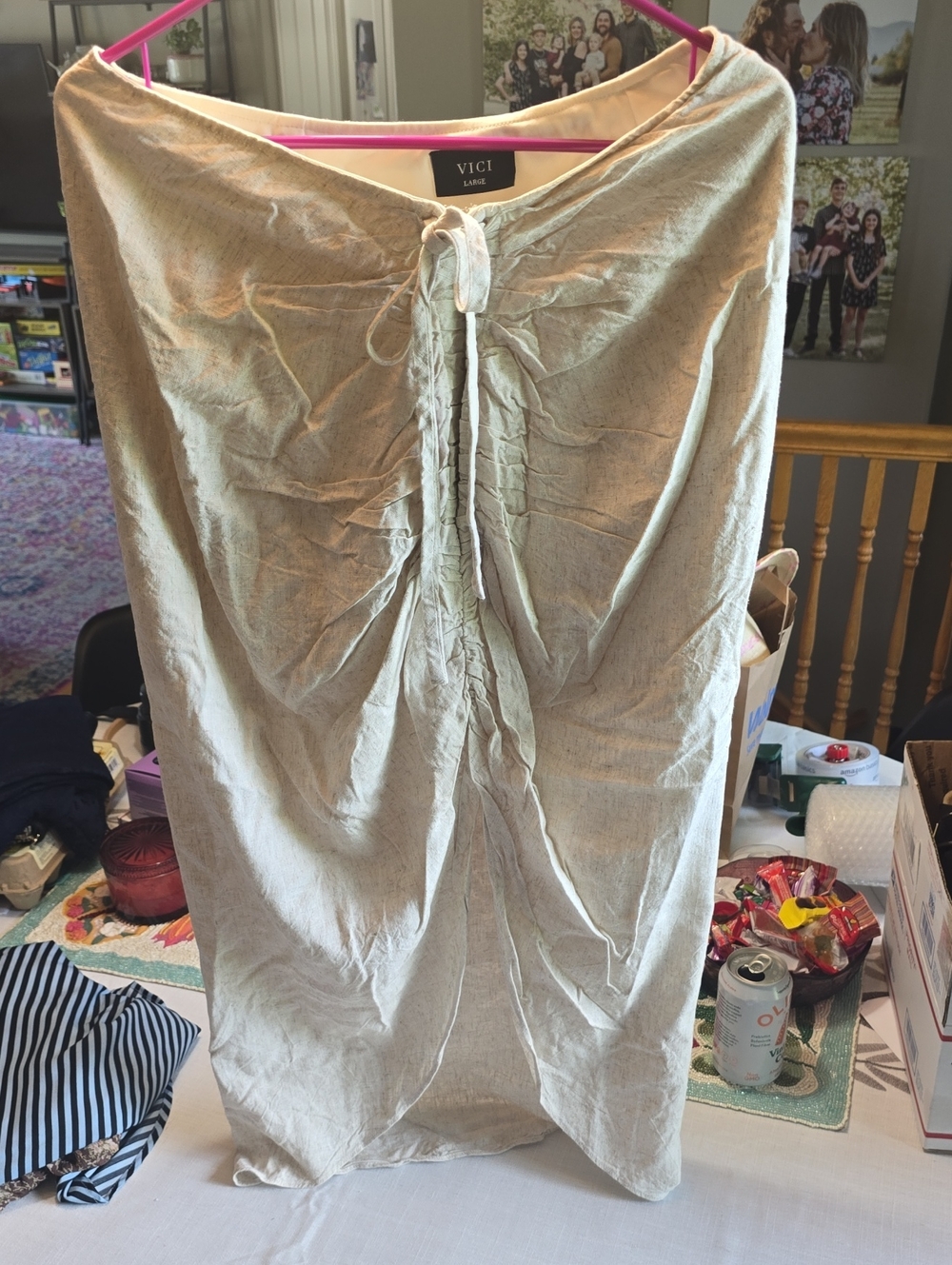 VICI Beige Drawstring Linen Skirt with Front Ruching
